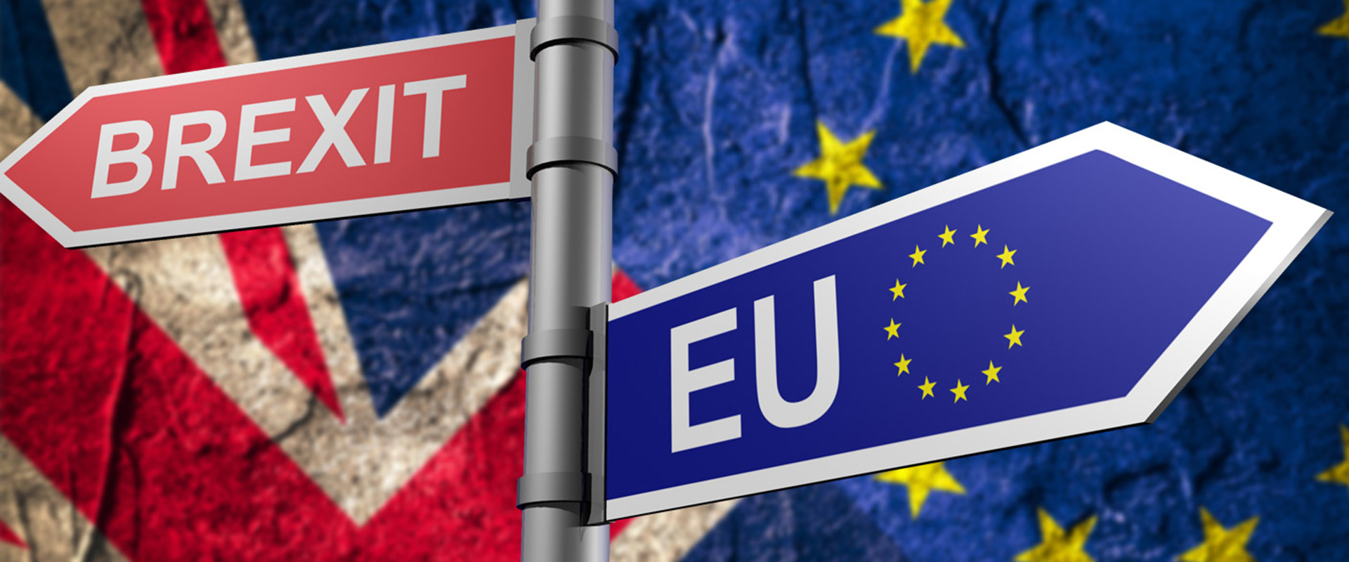 Signpost with Red Brexit sign and Blue EU sign