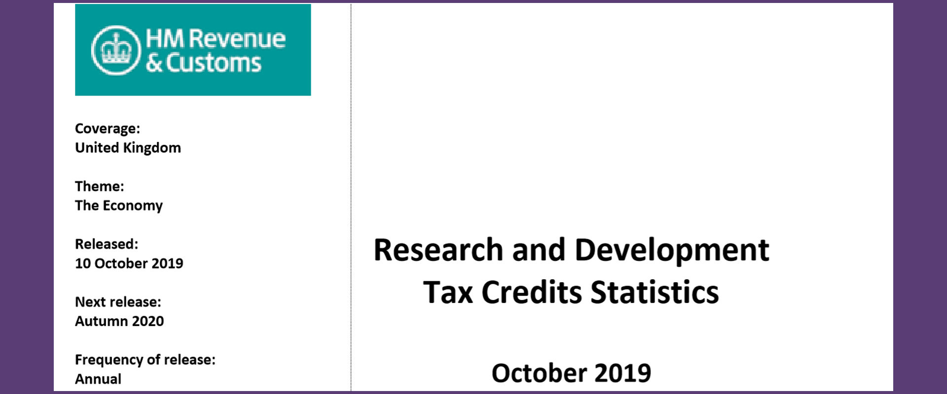 Research and Developpment Tax Credits Statistics web spage screenshot